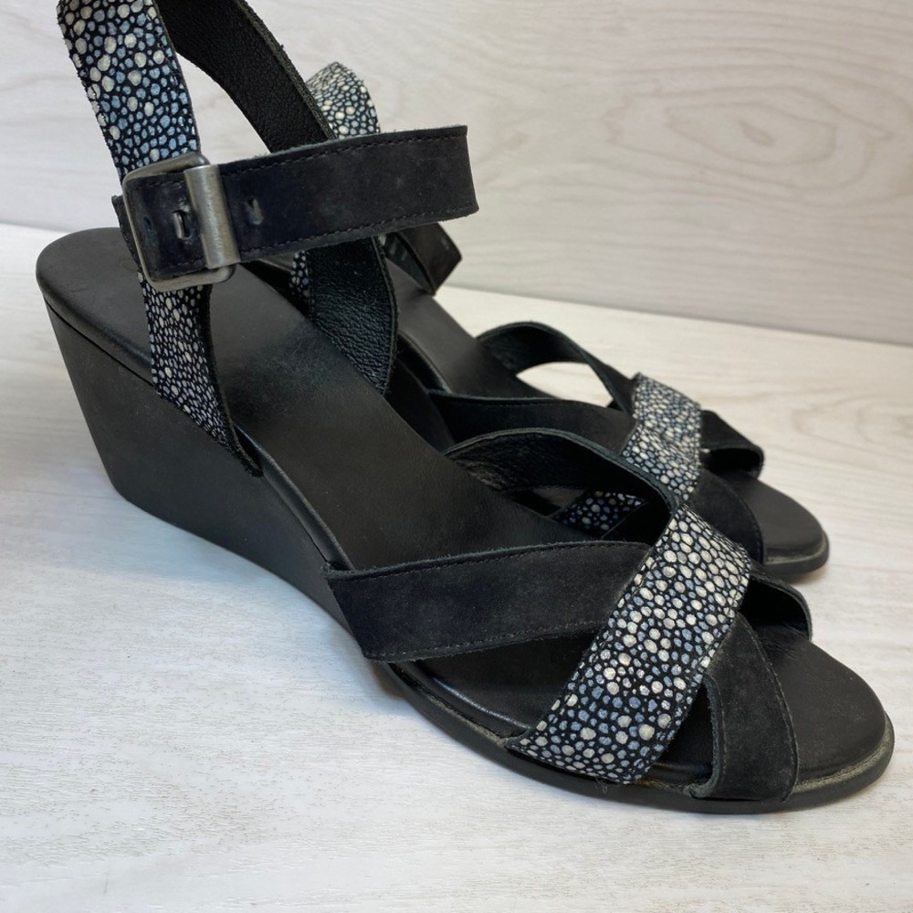 Arche Womens 42 Wedge Sandals Suede Pebble Print Black Leather Ankle Strap Shoes